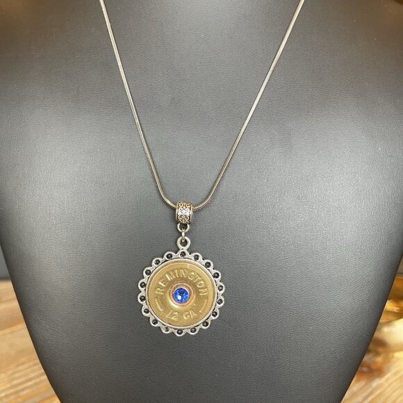 Shotgun Shell 12 Gauge Pendant With Blue Crystal Accent Artisan Made & Crafted - Picture 2 of 5